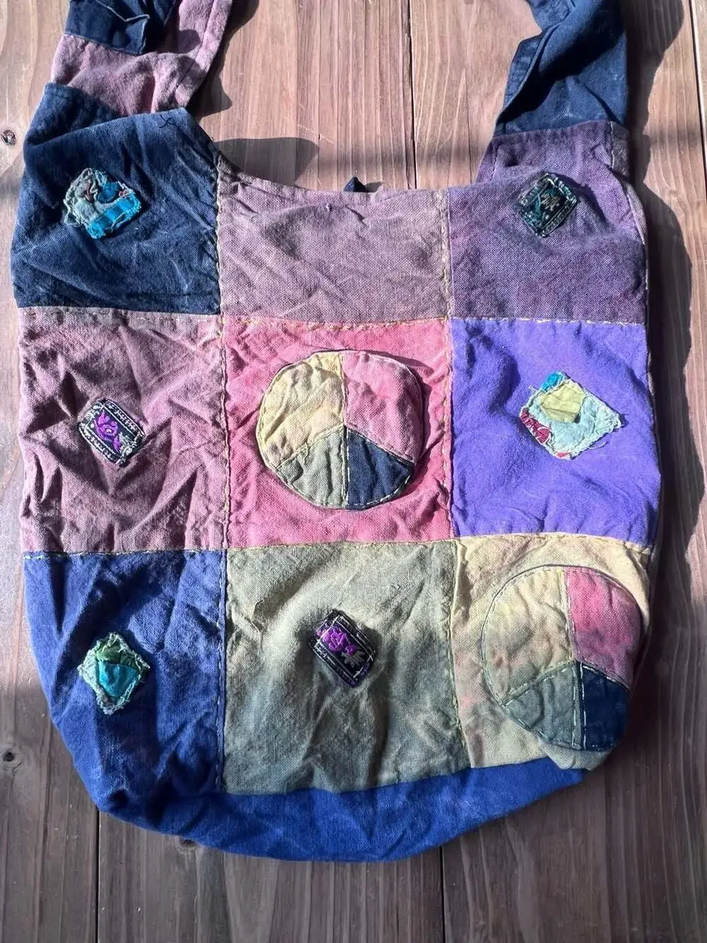 KPC Patchwork Boho Hippie Cotton Crossbody Hobo Shoulder Bag with Peace Sign